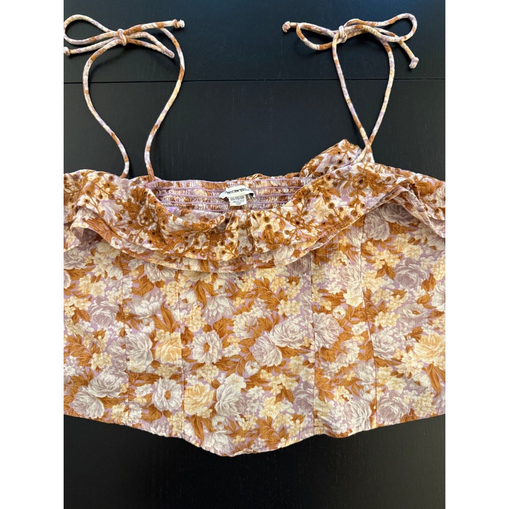 American Eagle Festival Crop Top Womens XXL Brown‎ Floral Eyelet Shoulder Tie
